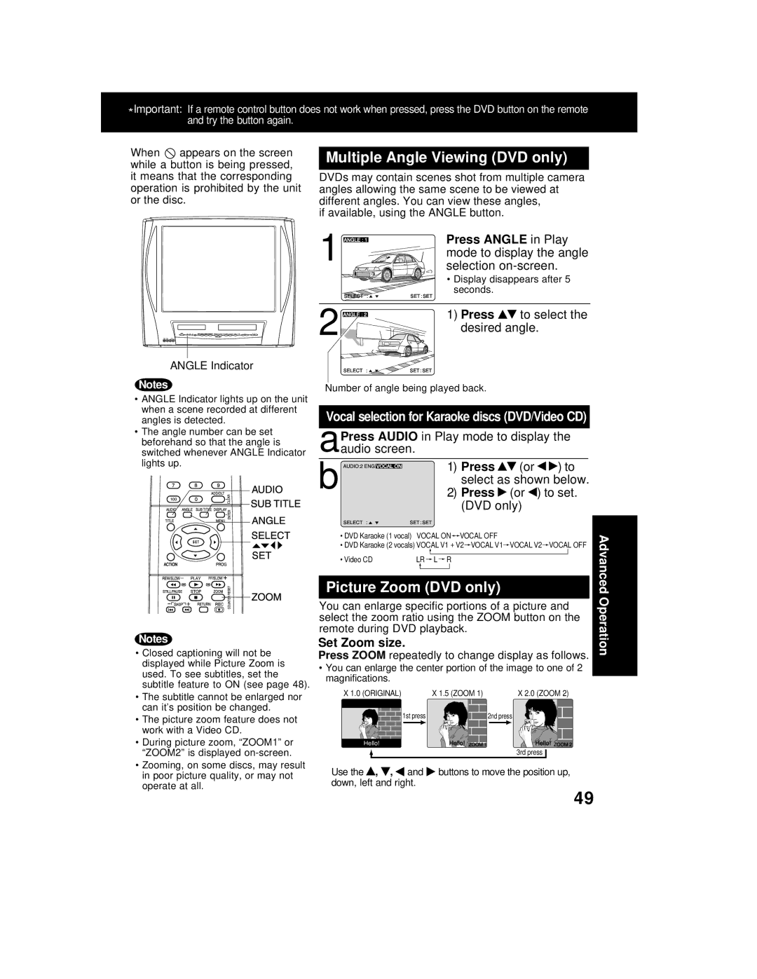 Panasonic AG 527DVDE manual Multiple Angle Viewing DVD only, Picture Zoom DVD only, Press Angle in Play, Set Zoom size 