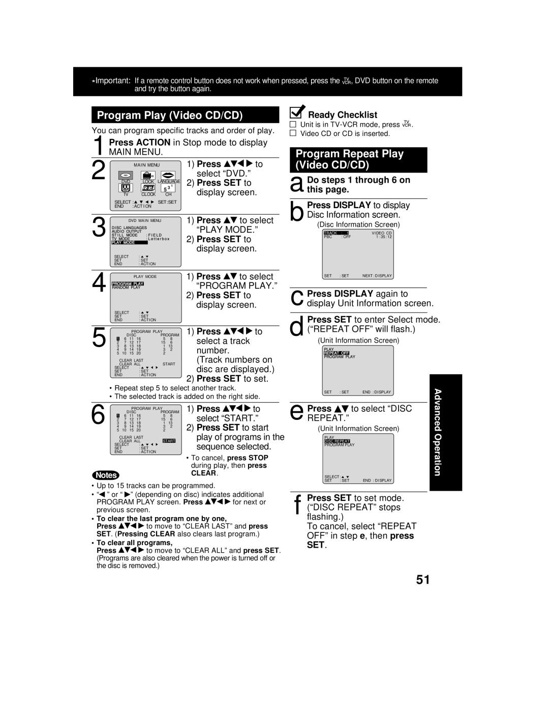 Panasonic AG 527DVDE manual Program Play Video CD/CD, Program Repeat Play Video CD/CD, Do steps 1 through 6 on this 