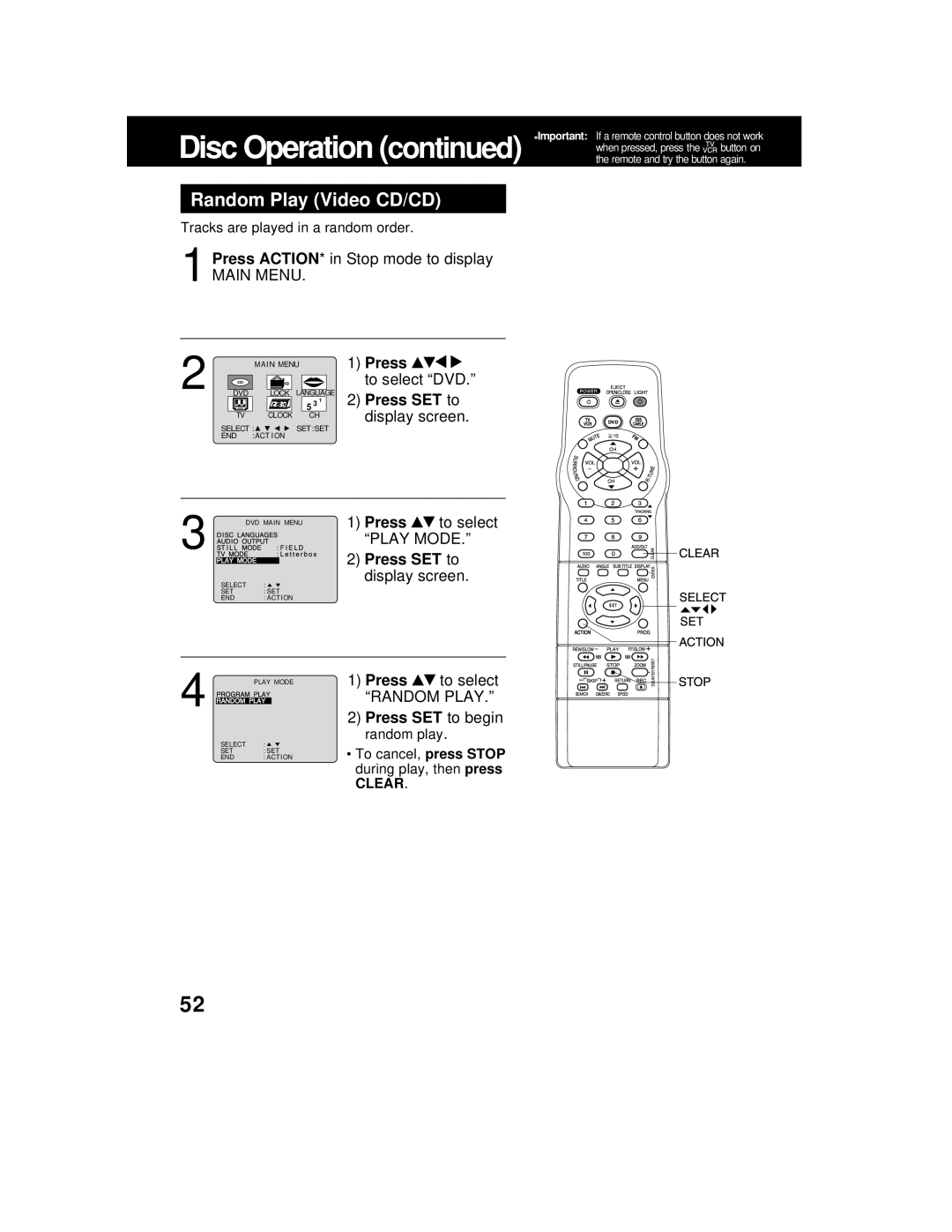 Panasonic AG 527DVDE manual Random Play Video CD/CD, Press ACTION* in Stop mode to display, To select DVD 