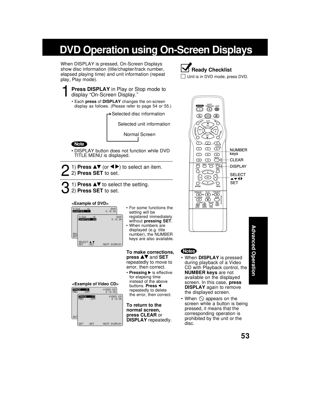 Panasonic AG 527DVDE manual Press or to select an item, Press to select the setting, Press SET to set Ready Checklist 