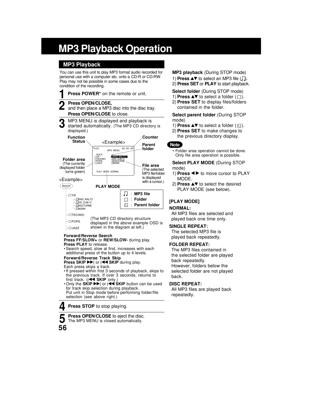 Panasonic AG 527DVDE manual MP3 Playback Operation, Press OPEN/CLOSE to close, Select parent folder During Stop mode 