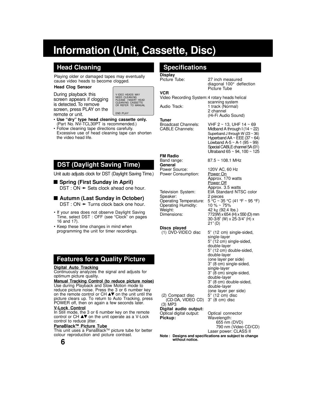 Panasonic AG 527DVDE manual Information Unit, Cassette, Disc, Head Cleaning, Specifications, DST Daylight Saving Time 