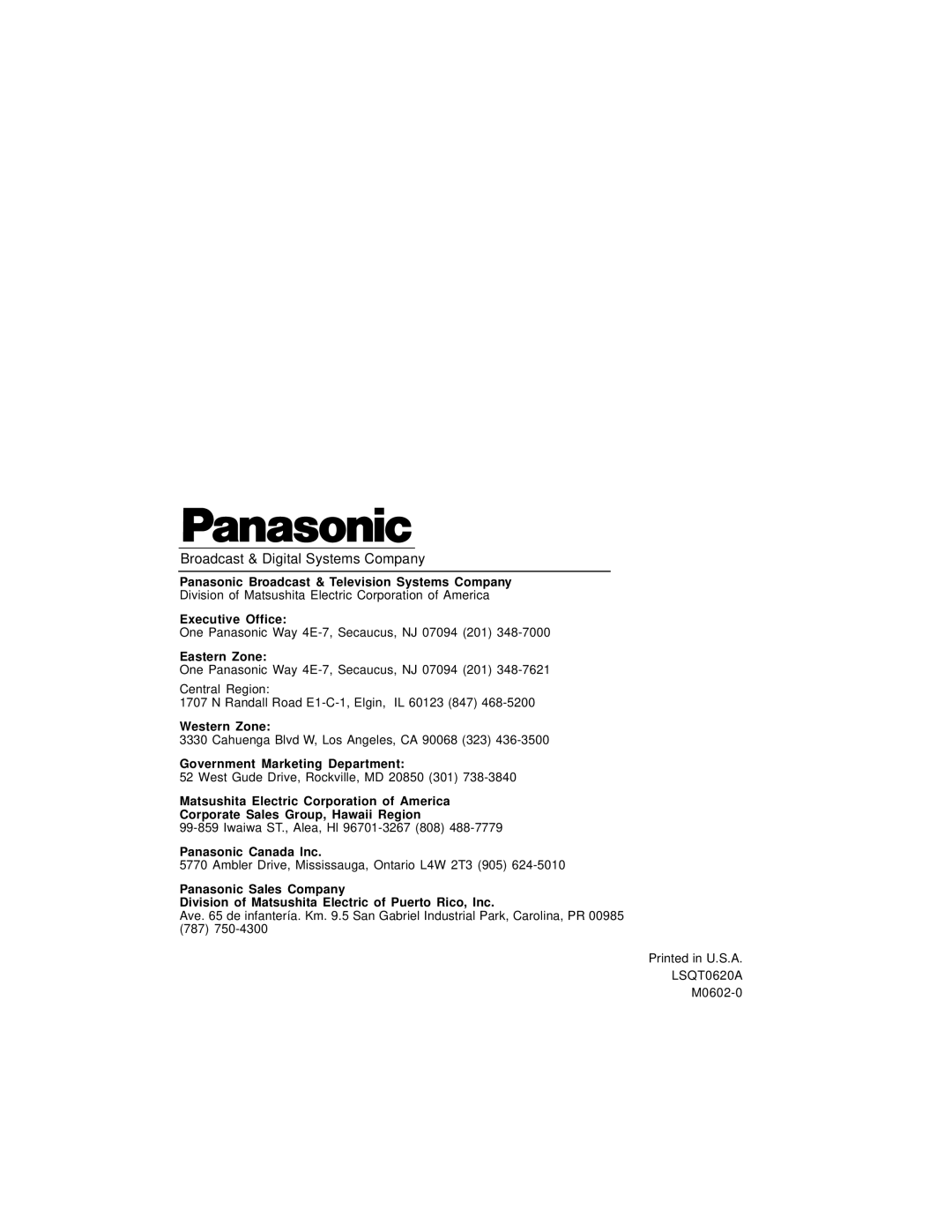 Panasonic AG 527DVDE manual Panasonic Broadcast & Television Systems Company, Executive Office, Eastern Zone, Western Zone 