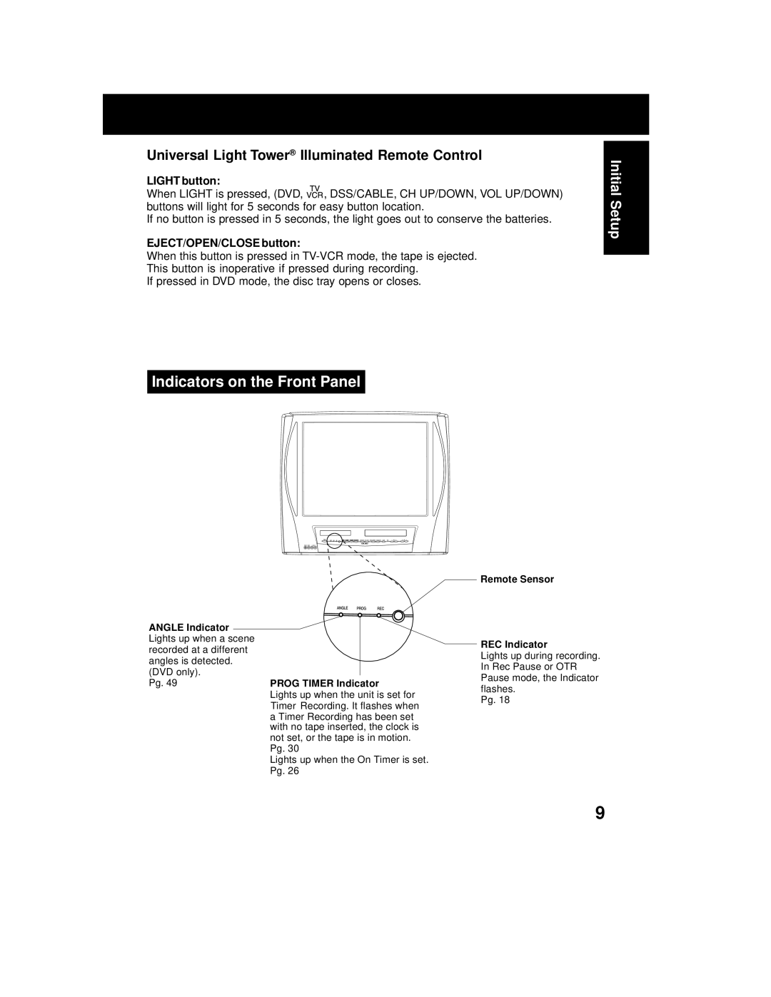 Panasonic AG 527DVDE manual Indicators on the Front Panel, Universal Light Tower Illuminated Remote Control, Light button 