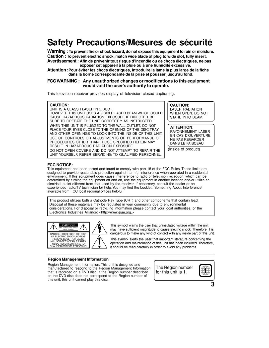Panasonic AG 527DVDE manual Safety Precautions/Mesures de sécurité, The Region number, for this unit is, Fcc Notice 