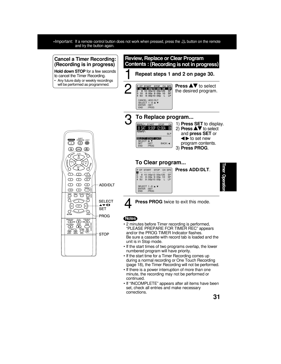 Panasonic AG 527DVDE manual To Replace program, To Clear program, Repeat steps 1 and 2 on page, the desired program, Press 