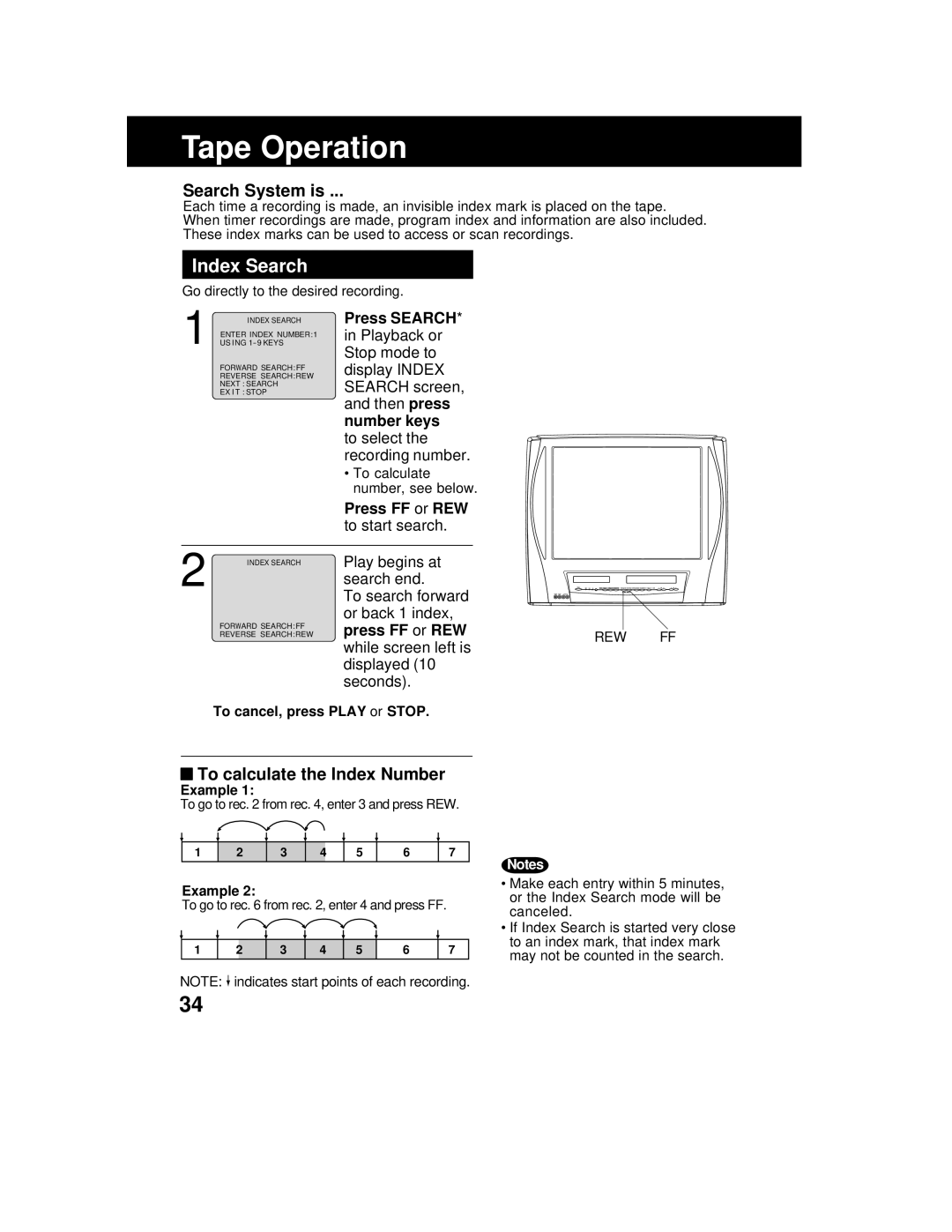 Panasonic AG 527DVDE manual Tape Operation, Index Search, Search System is, To calculate the Index Number, Play begins at 