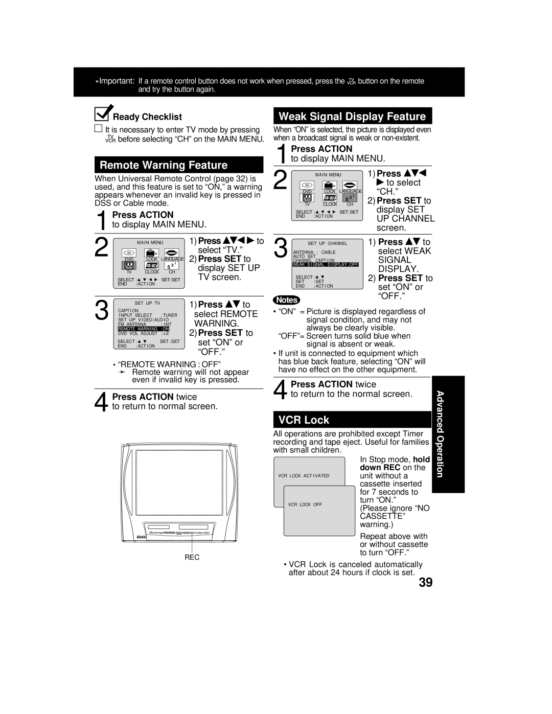 Panasonic AG 527DVDE manual Remote Warning Feature, Weak Signal Display Feature, VCR Lock, 1Press ACTION, 2Press SET to 
