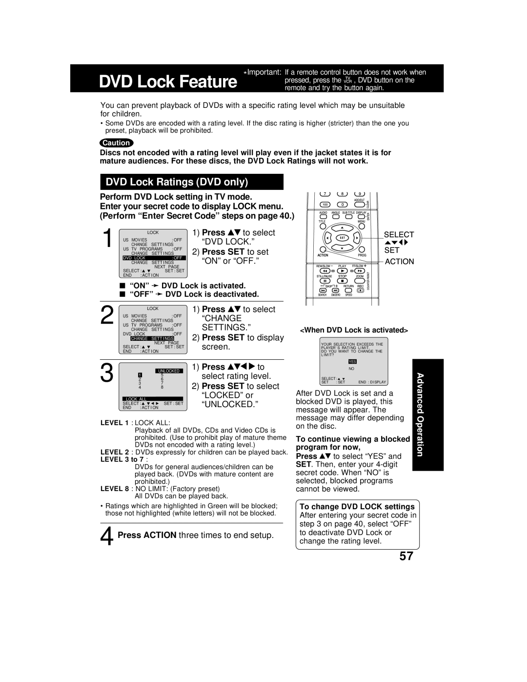 Panasonic AG 527DVDE manual DVD Lock Ratings DVD only, Perform DVD Lock setting in TV mode, Press SET to set 