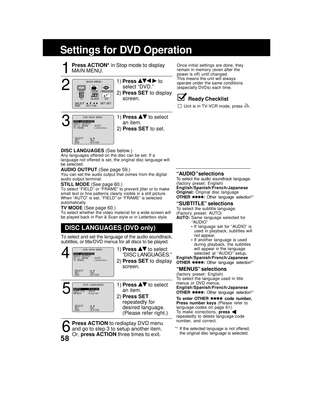 Panasonic AG 527DVDE Settings for DVD Operation, DISC LANGUAGES DVD only, “AUDIO”selections, “SUBTITLE” selections, Press 