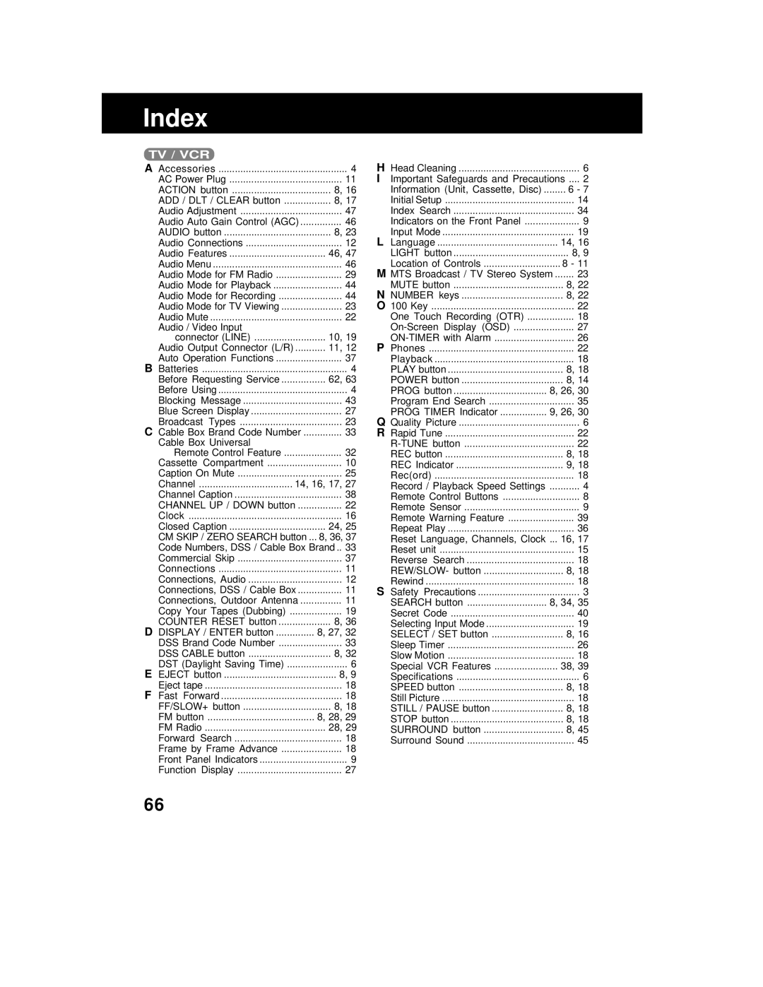 Panasonic AG 527DVDE manual Index, Tv / Vcr 