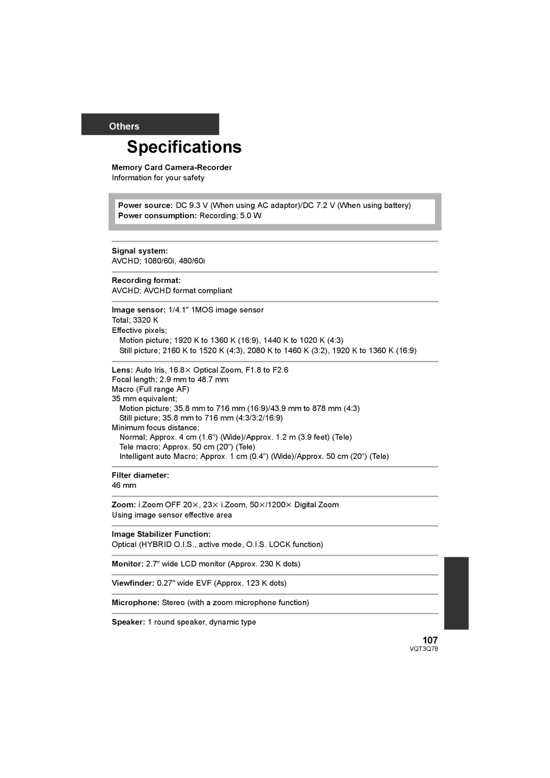 Panasonic AG-AC7P operating instructions Specifications, 107 