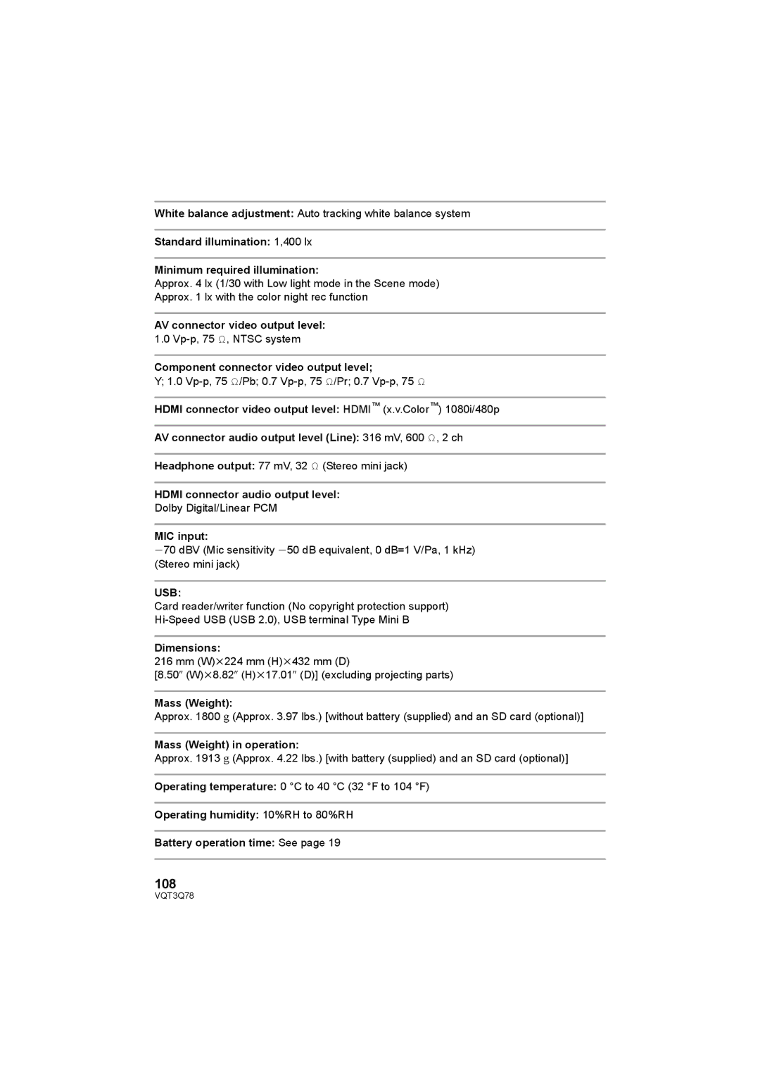 Panasonic AG-AC7P operating instructions 108, Usb 