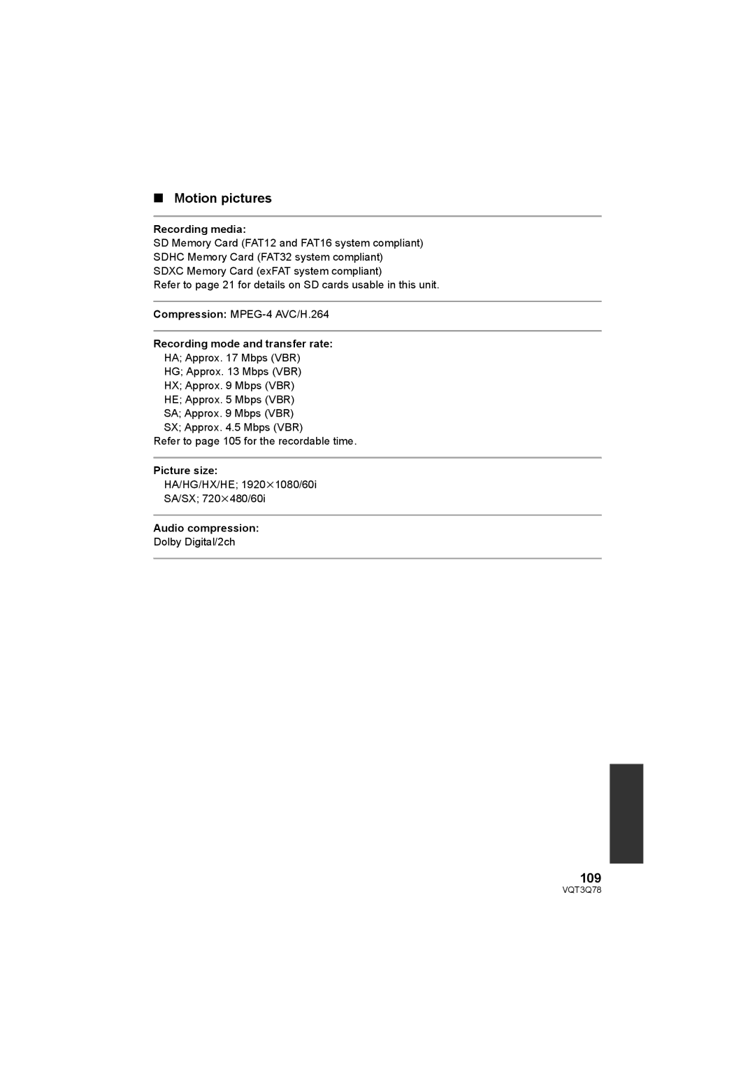 Panasonic AG-AC7P Motion pictures, 109, Recording media, Recording mode and transfer rate, Audio compression 