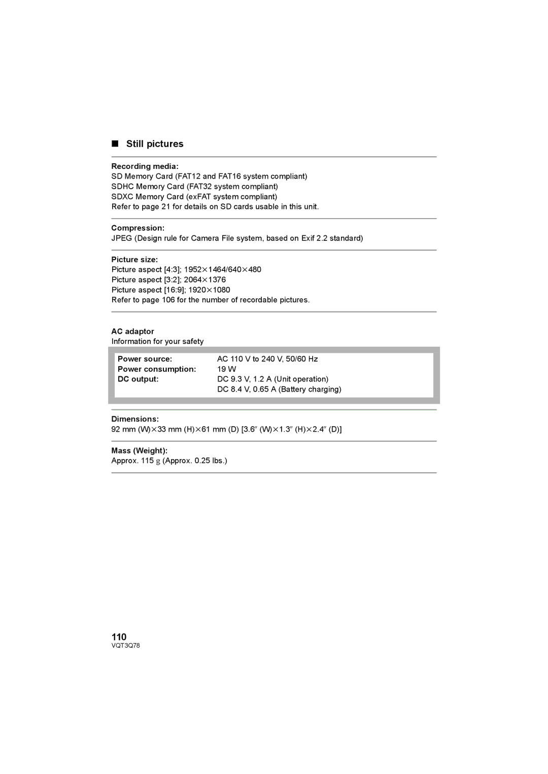 Panasonic AG-AC7P operating instructions Still pictures, 110 