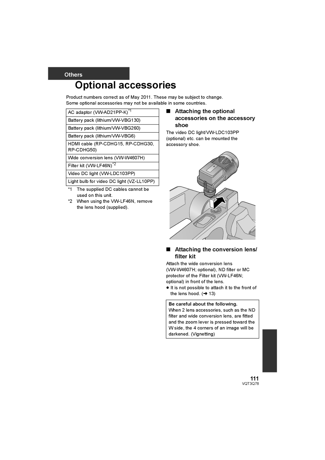 Panasonic AG-AC7P Optional accessories, Attaching the optional accessories on the accessory Shoe, 111 