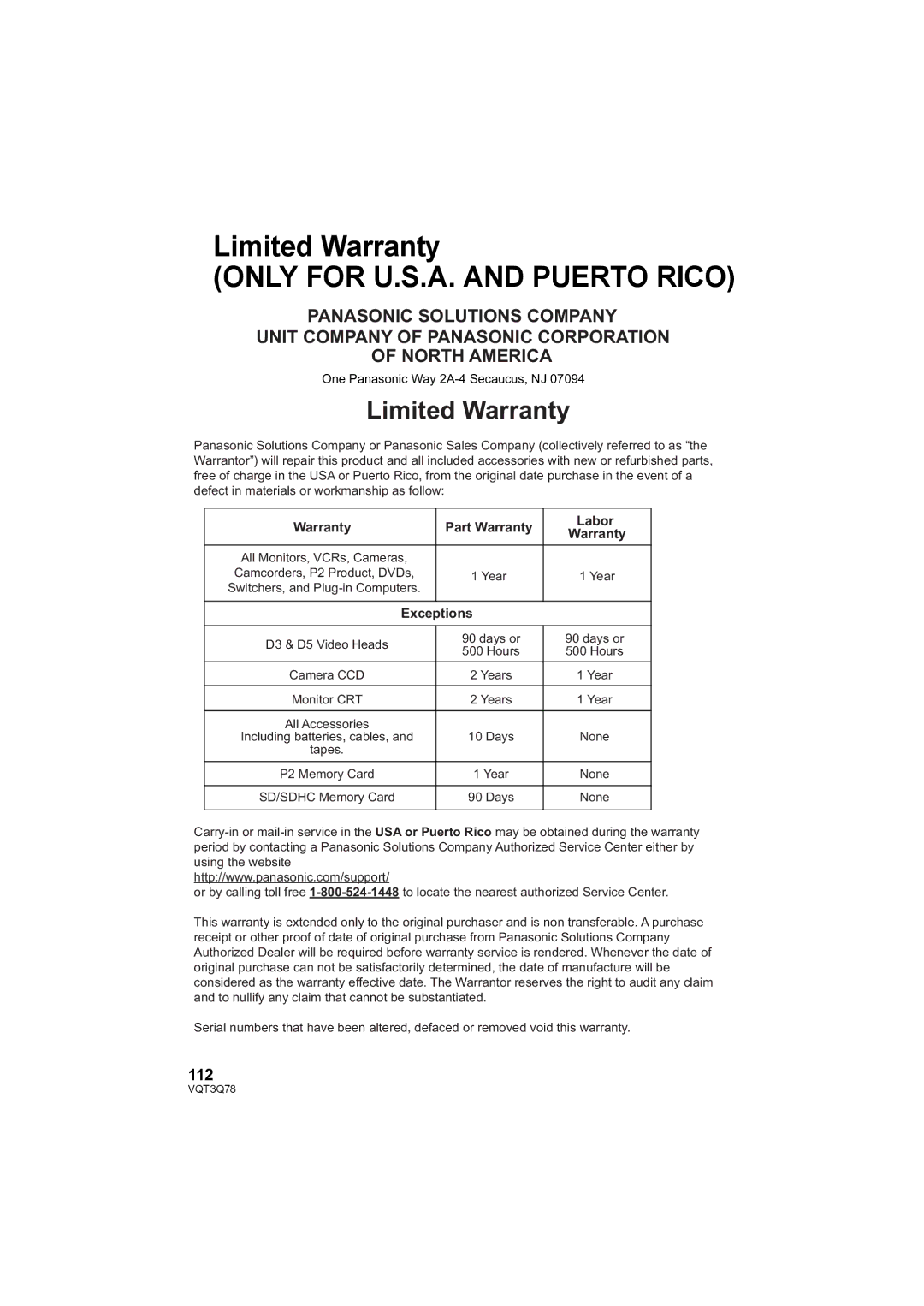 Panasonic AG-AC7P operating instructions Limited Warranty, 112, Warranty Part Warranty Labor, Exceptions 