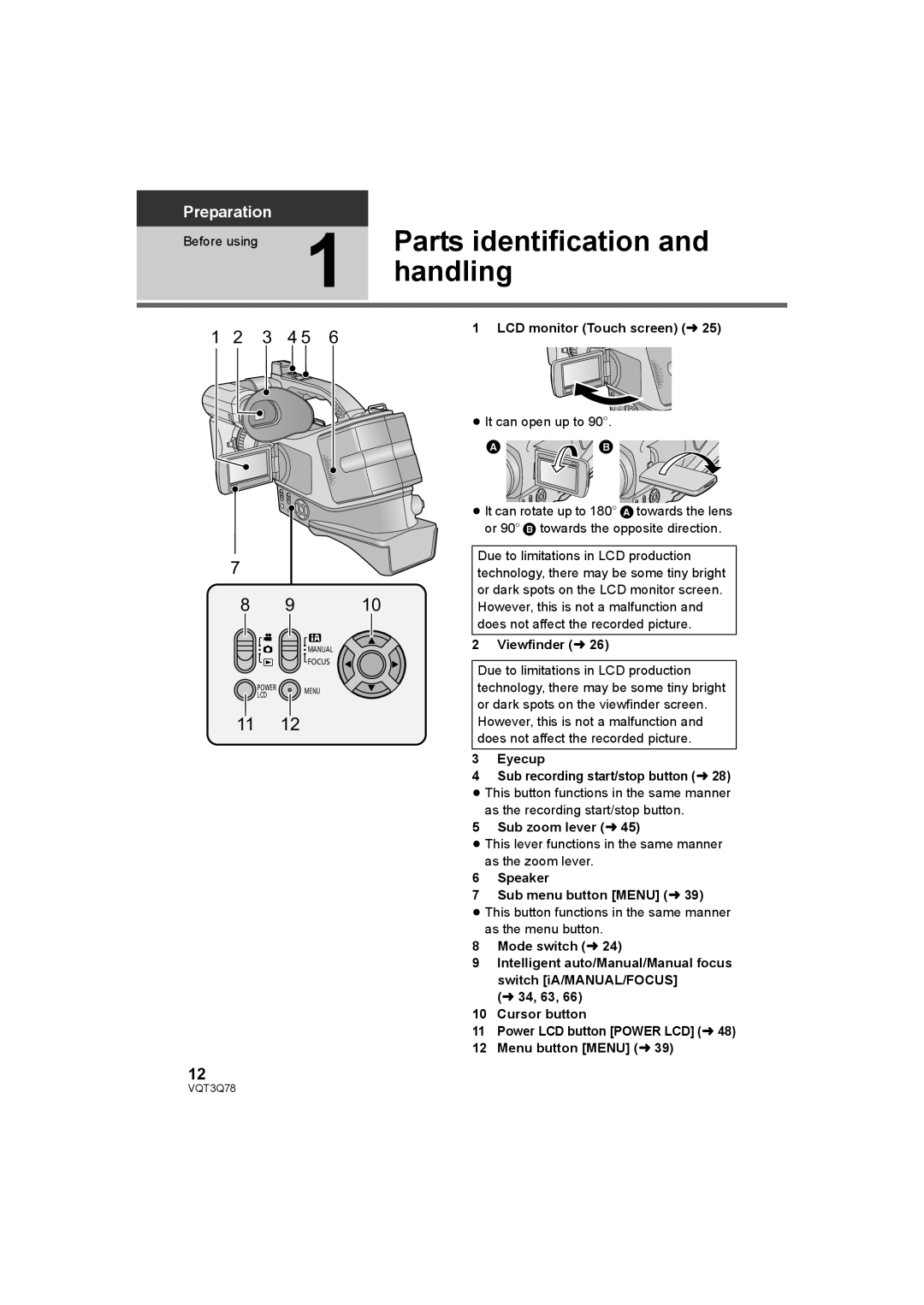 Panasonic AG-AC7P operating instructions Parts identification, Handling 