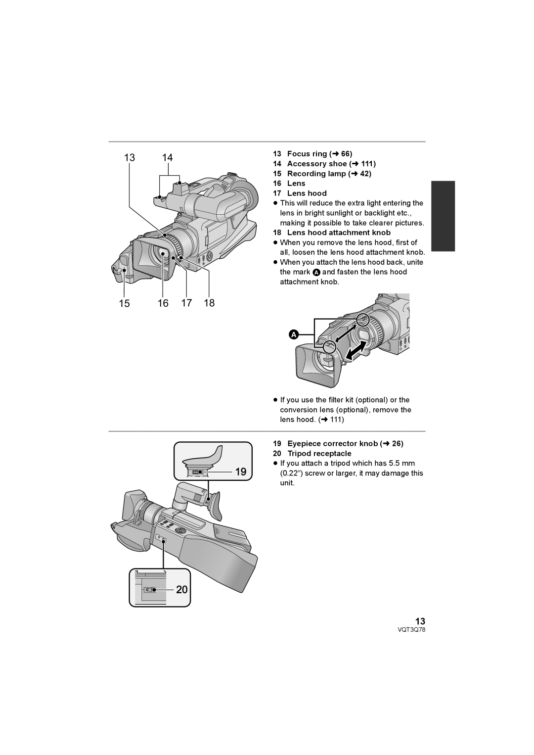 Panasonic AG-AC7P Focus ring l66, Accessory shoe l, Recording lamp l, Lens hood attachment knob 