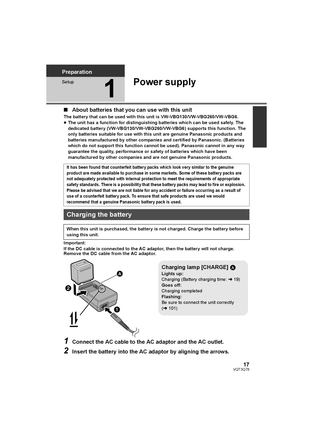 Panasonic AG-AC7P Power supply, Charging the battery, About batteries that you can use with this unit 