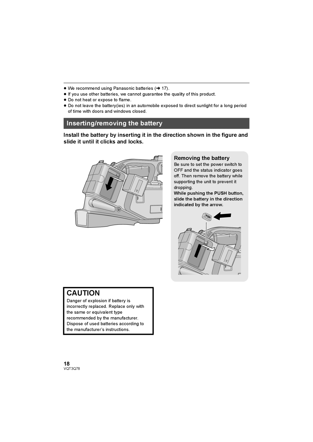 Panasonic AG-AC7P operating instructions Inserting/removing the battery 