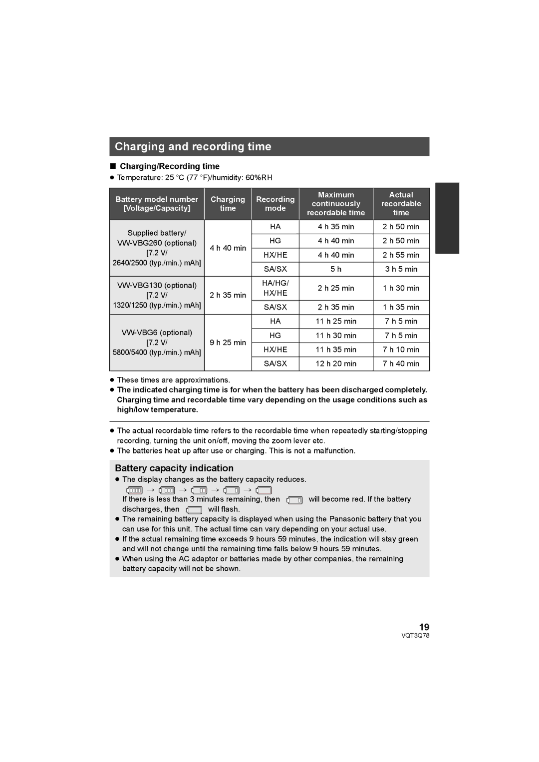 Panasonic AG-AC7P operating instructions Charging and recording time, Battery capacity indication 