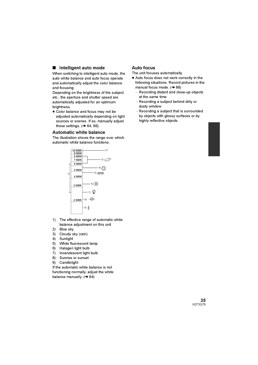 Panasonic AG-AC7P operating instructions Intelligent auto mode, Automatic white balance, Auto focus 