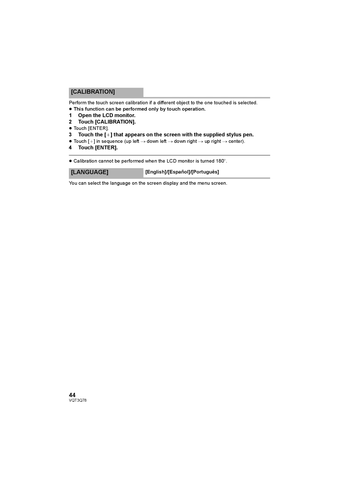 Panasonic AG-AC7P operating instructions Calibration, LANGUAGEEnglish/Español/Português 