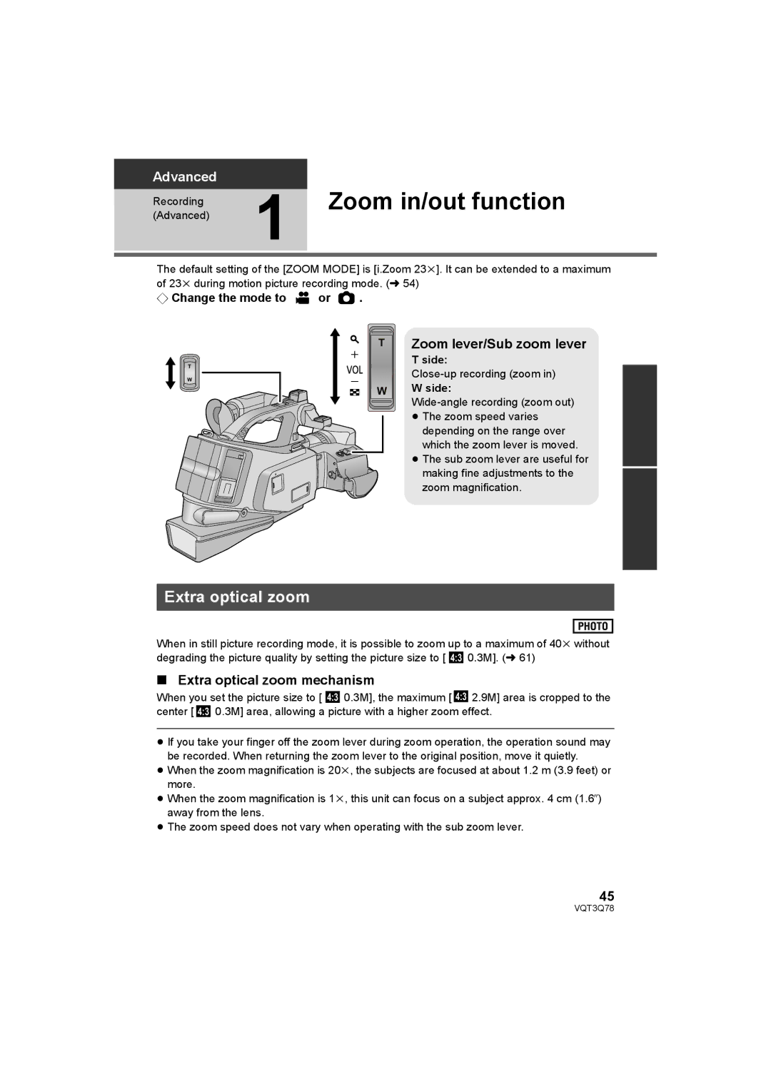 Panasonic AG-AC7P Zoom in/out function, Zoom lever/Sub zoom lever, Extra optical zoom mechanism, Side 