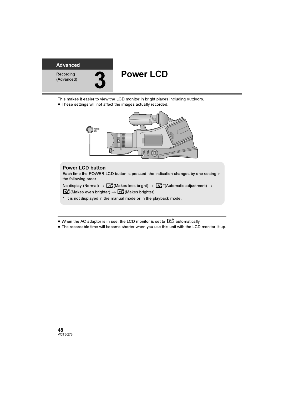 Panasonic AG-AC7P operating instructions Power LCD button 