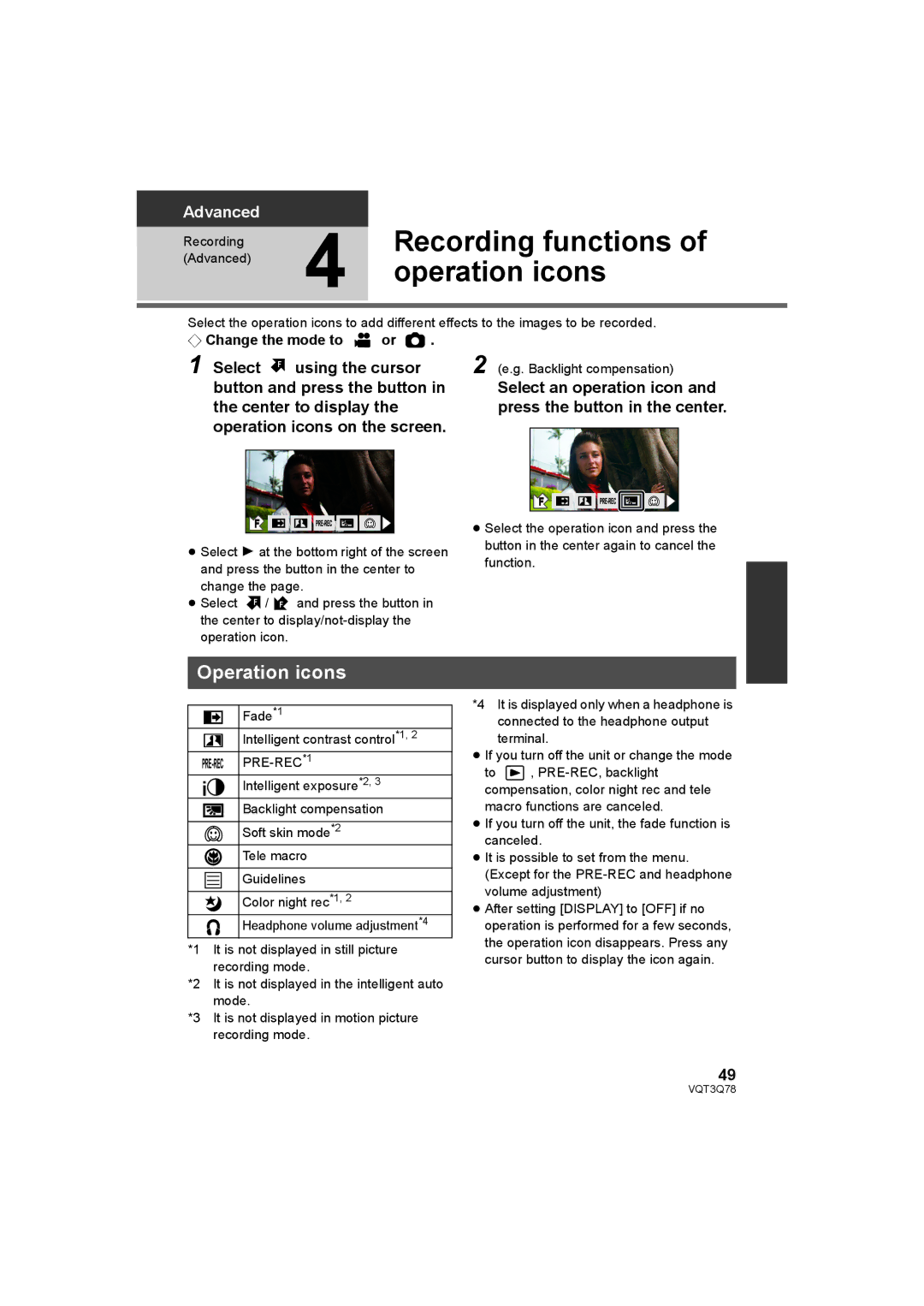 Panasonic AG-AC7P Recording functions, Operation icons, Select an operation icon and press the button in the center 