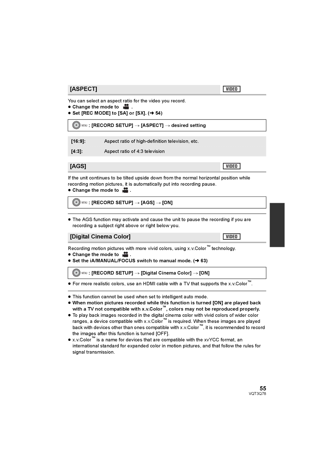 Panasonic AG-AC7P Aspect, Ags, Digital Cinema Color, ≥ Change the mode to, Menu Record Setup # AGS # on 