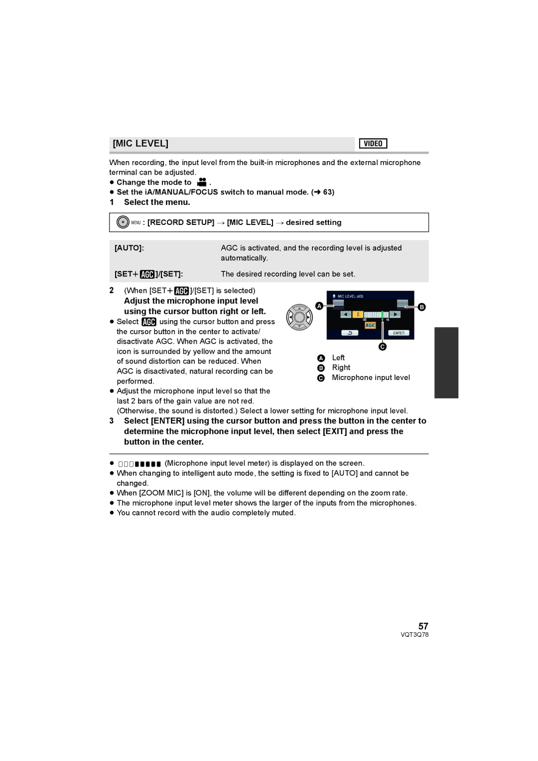 Panasonic AG-AC7P operating instructions MIC Level, Auto, SET r 