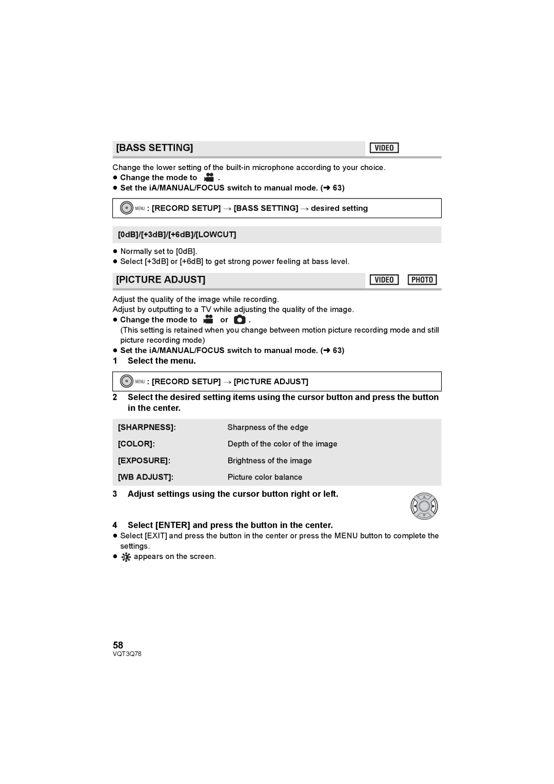 Panasonic AG-AC7P operating instructions Bass Setting, Picture Adjust 