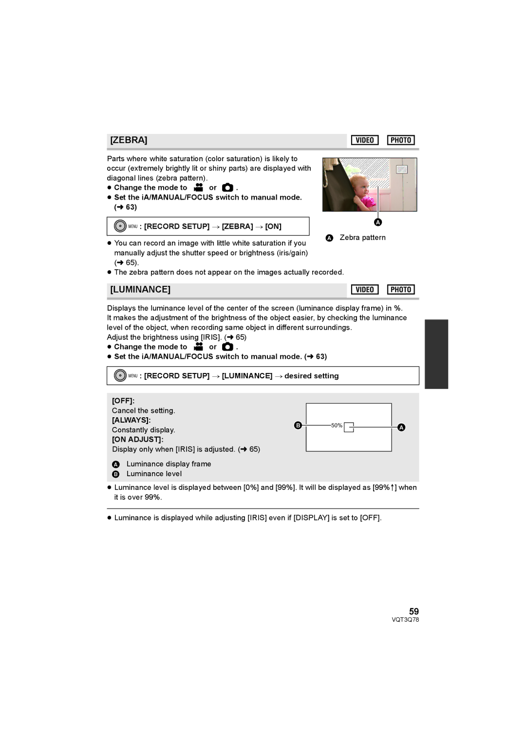 Panasonic AG-AC7P operating instructions Luminance, Menu Record Setup # Zebra # on, Always, On Adjust 