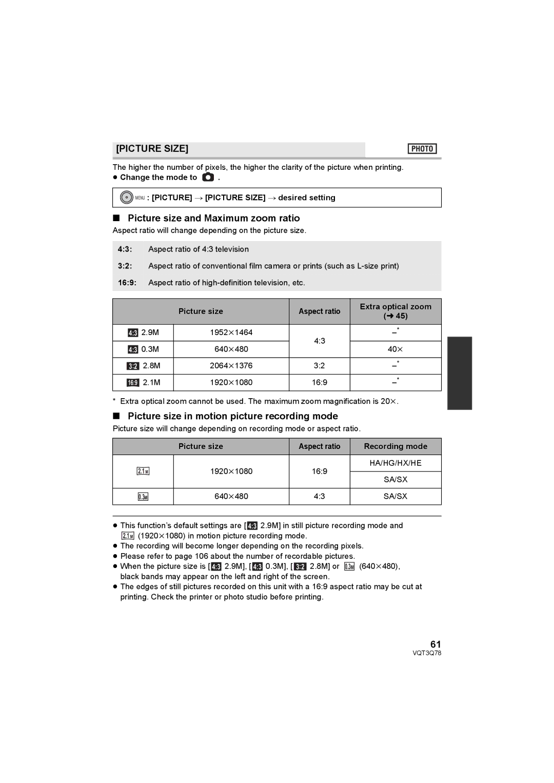 Panasonic AG-AC7P Picture Size, Picture size and Maximum zoom ratio, Picture size in motion picture recording mode 