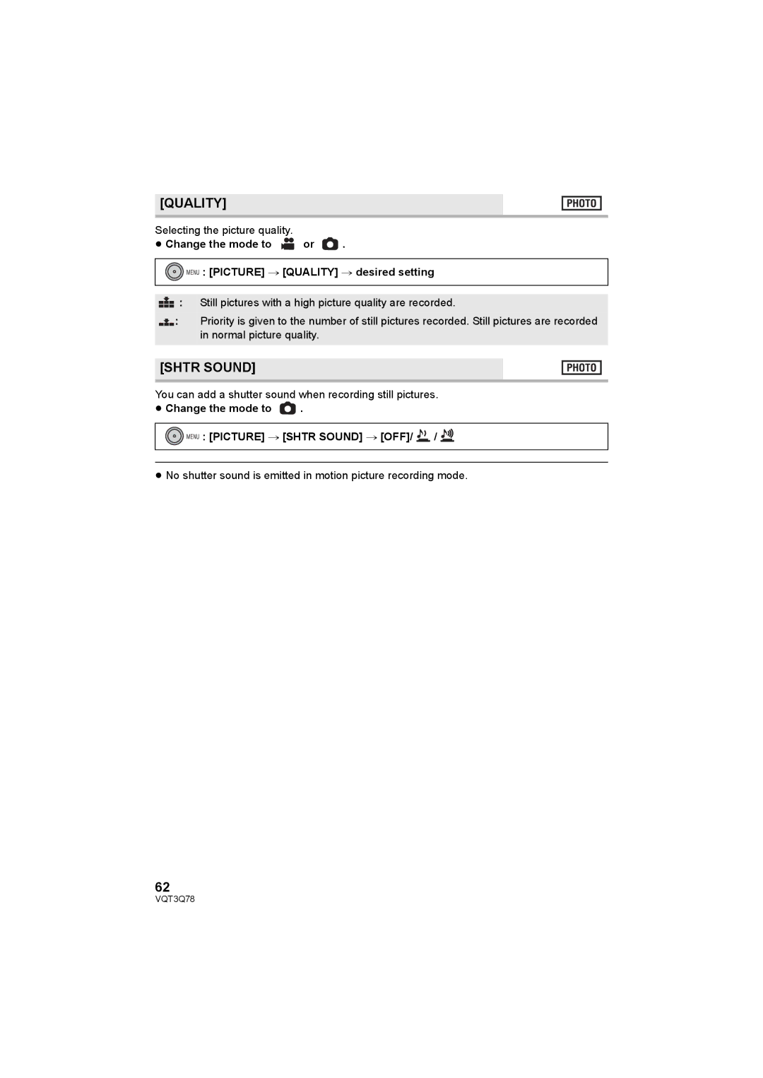 Panasonic AG-AC7P operating instructions Quality, ≥ Change the mode to Menu Picture # Shtr Sound # OFF 