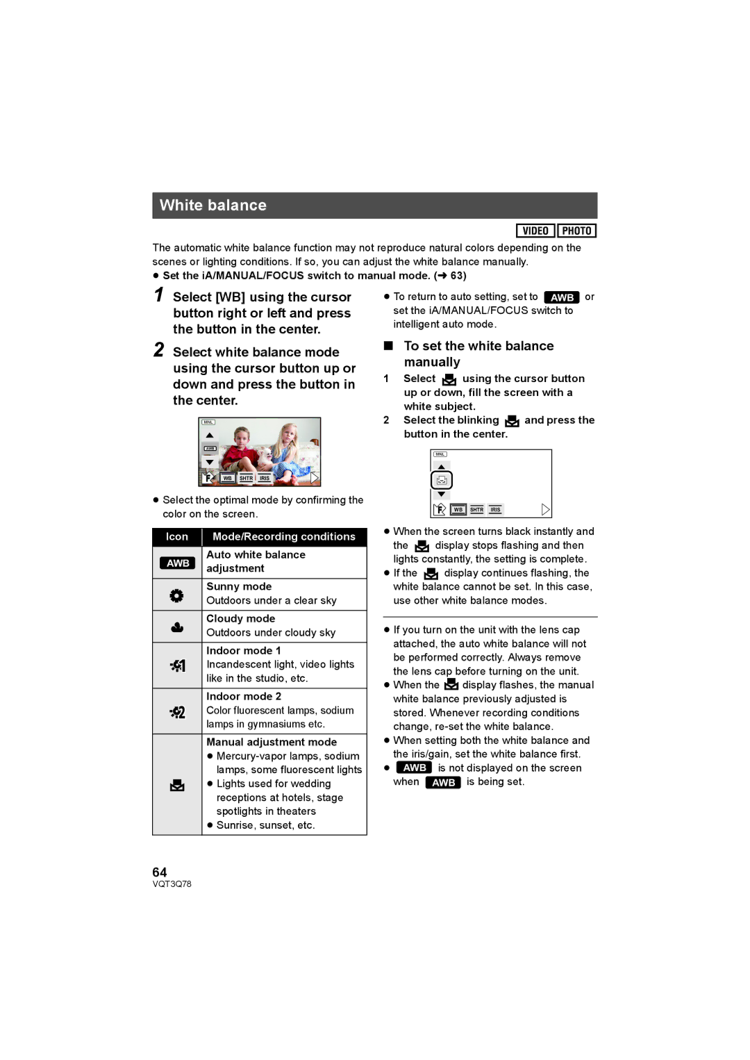 Panasonic AG-AC7P operating instructions White balance, To set the white balance Manually 