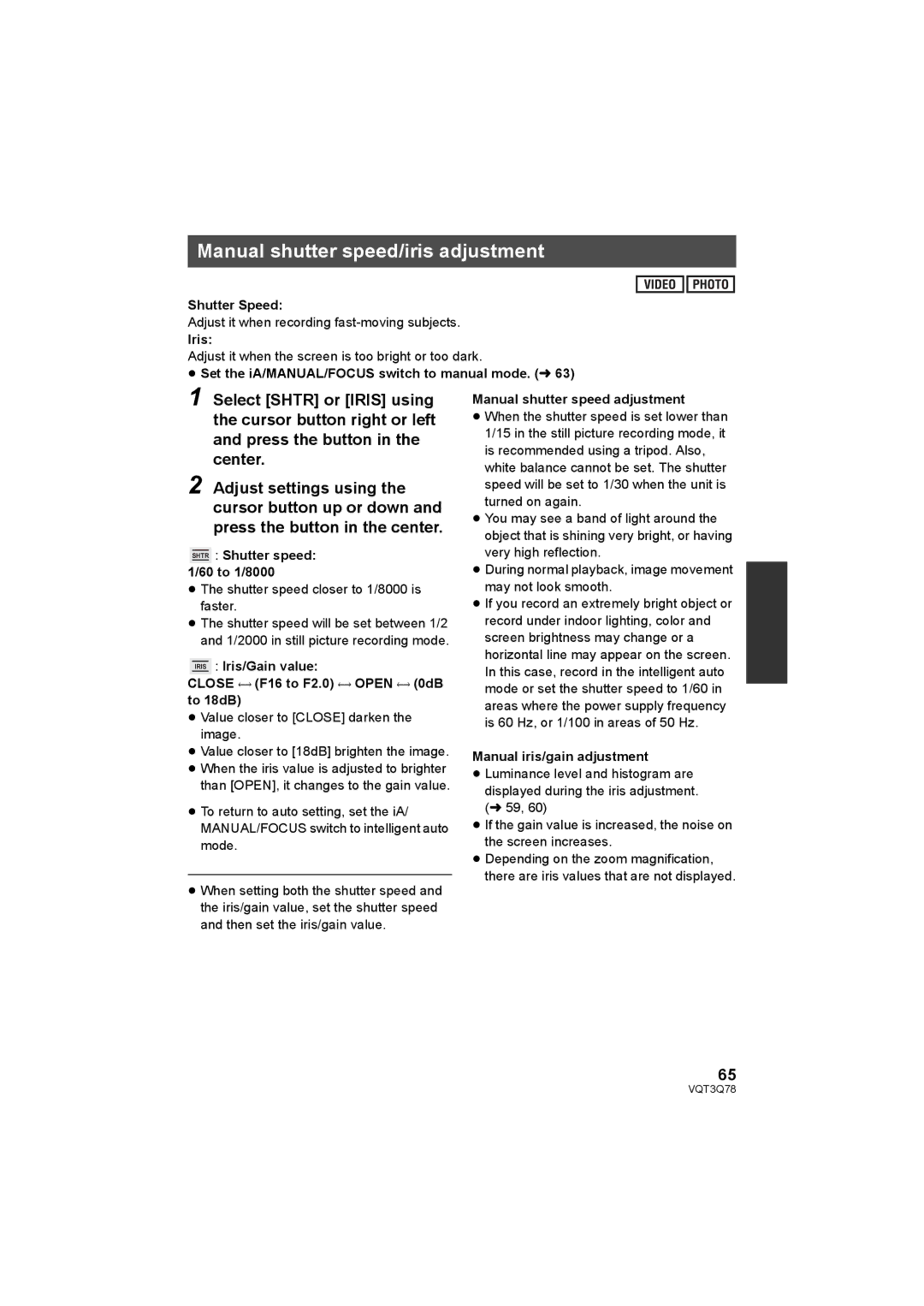 Panasonic AG-AC7P operating instructions Manual shutter speed/iris adjustment 