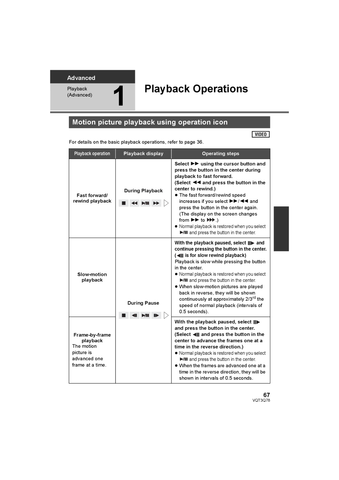 Panasonic AG-AC7P operating instructions Playback Operations, Motion picture playback using operation icon 