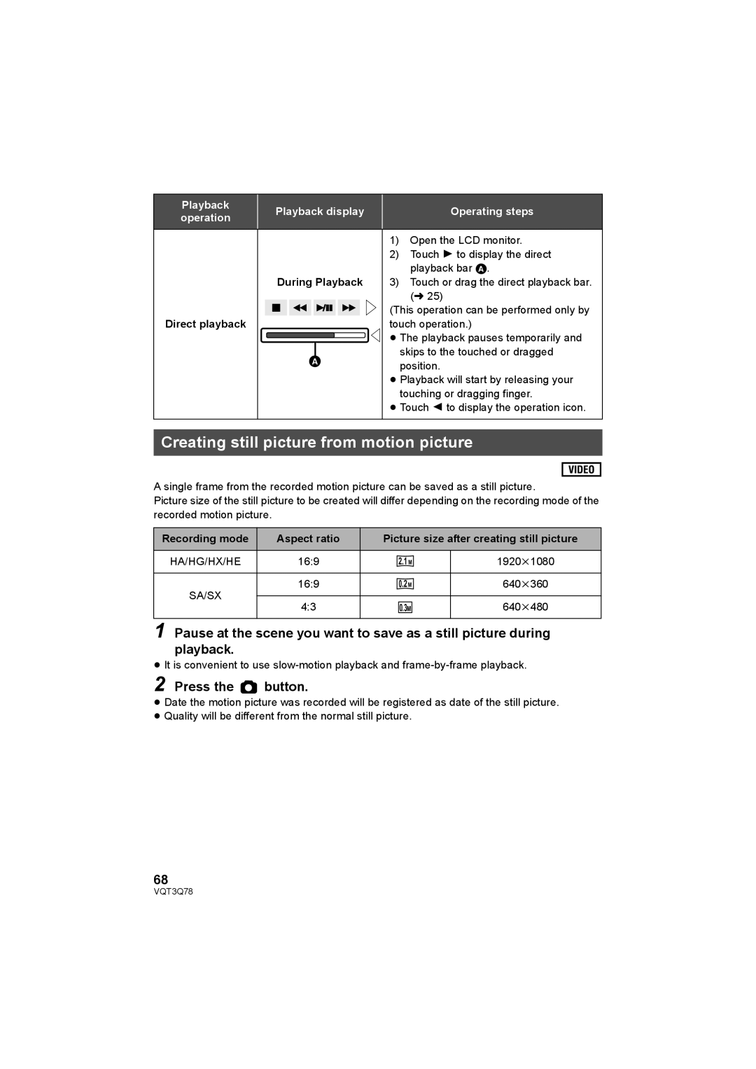 Panasonic AG-AC7P operating instructions Creating still picture from motion picture, During Playback, Direct playback 