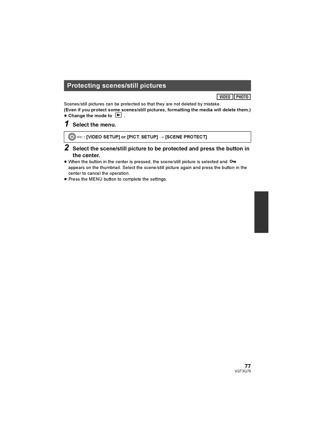 Panasonic AG-AC7P operating instructions Protecting scenes/still pictures, Menu Video Setup or PICT. Setup # Scene Protect 