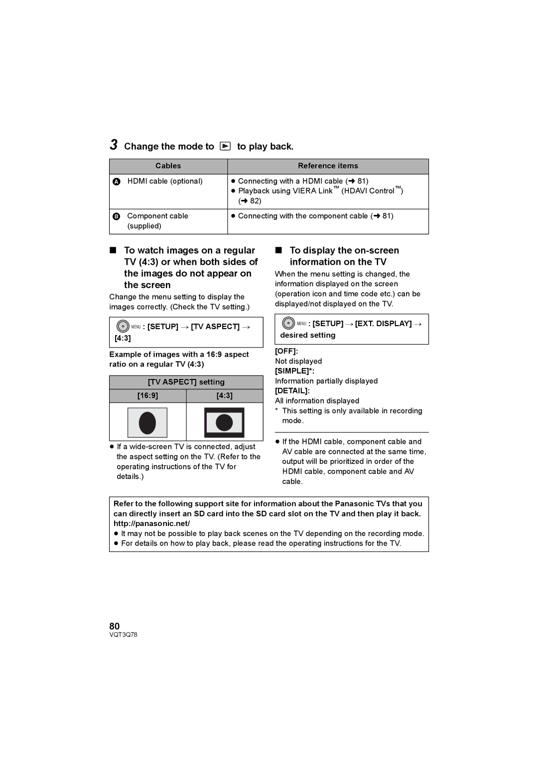 Panasonic AG-AC7P Change the mode to to play back, To display the on-screen information on the TV, Simple, Detail 