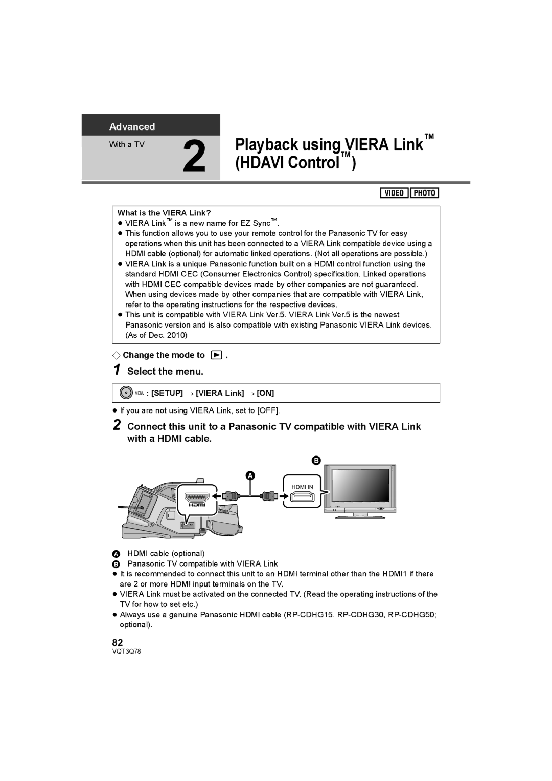 Panasonic AG-AC7P operating instructions Playback using Viera Link, Hdavi Control, With a TV, What is the Viera Link? 