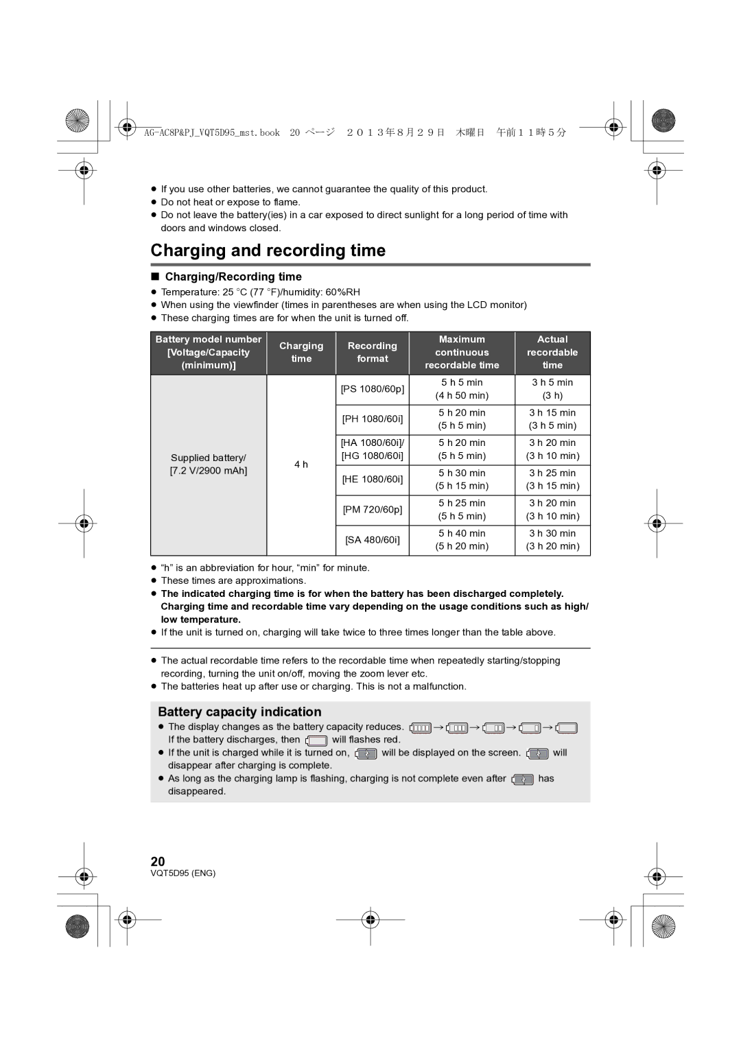 Panasonic AG-AC8P operating instructions Charging and recording time, Battery capacity indication, Charging/Recording time 