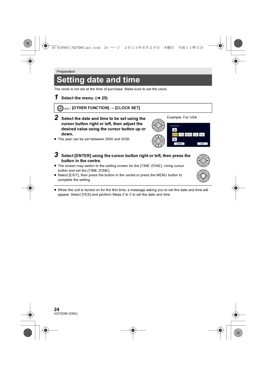 Panasonic AG-AC8P Setting date and time, Select the menu. l, Select the date and time to be set using 