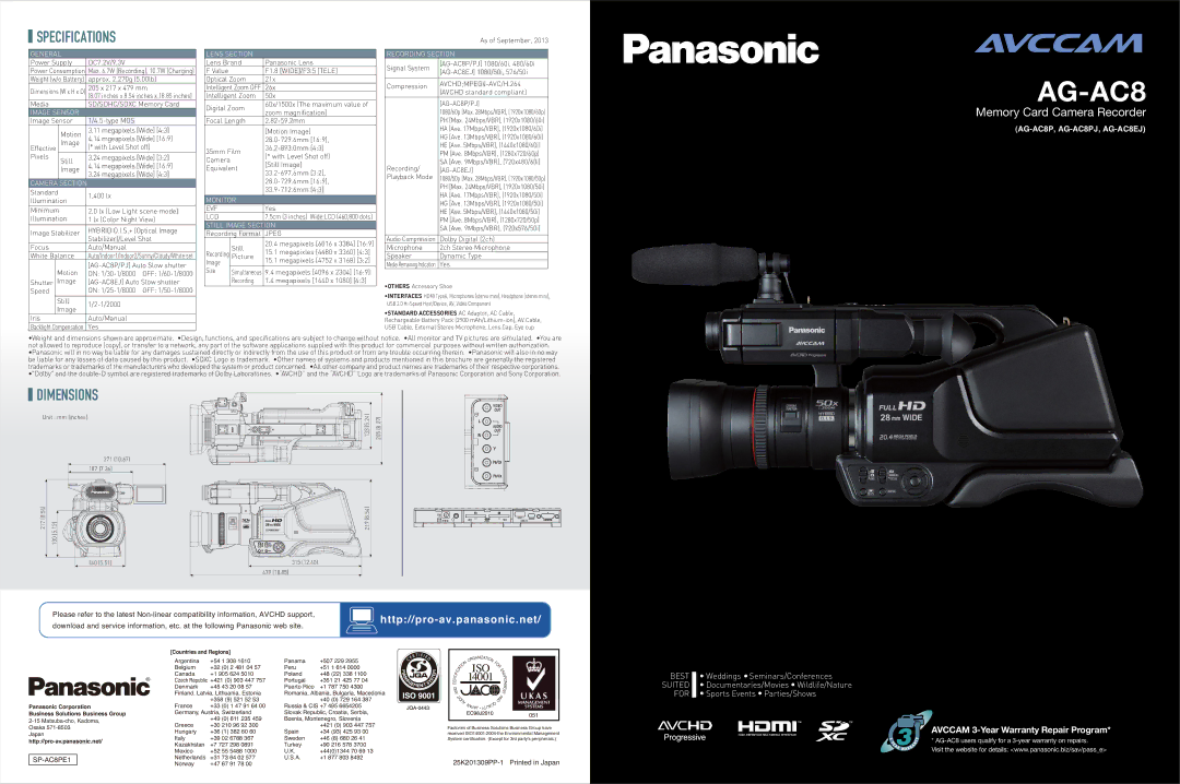 Panasonic AG-AC8EJ, AG-AC8PJ dimensions 