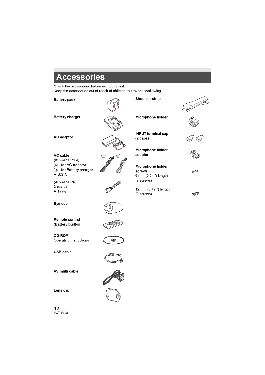 Panasonic AG-AC90PX Accessories, Battery charger AC adaptor AC cable AG-AC90P/PJ, Eye cup Remote control Battery built-in 