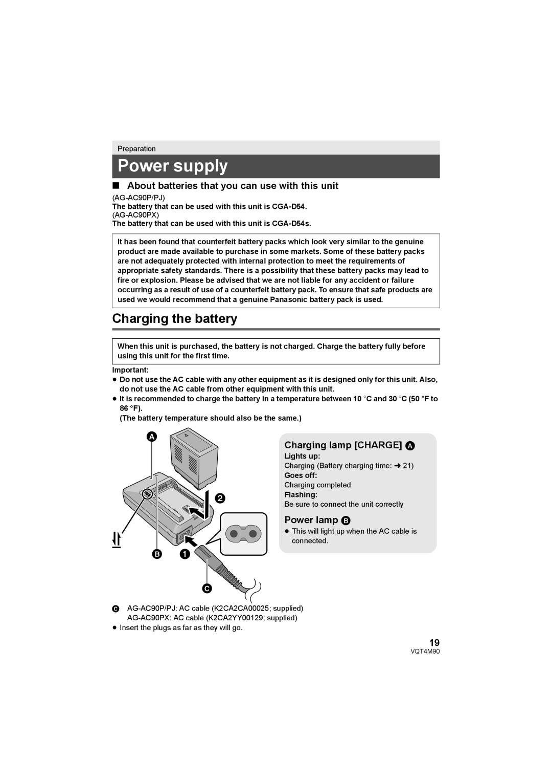 Panasonic AG-AC90P Power supply, Charging the battery, About batteries that you can use with this unit, Power lamp B 