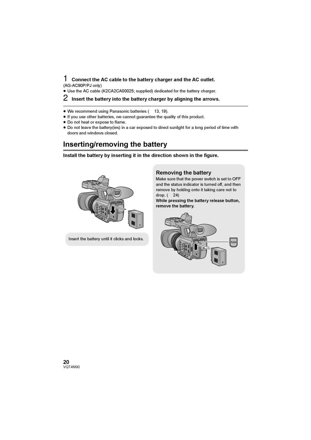 Panasonic AG-AC90PJ, AG-AC90PX operating instructions Inserting/removing the battery, Removing the battery 